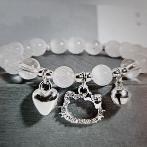 Silver Charm Bracelet with Heart and Cat Design
